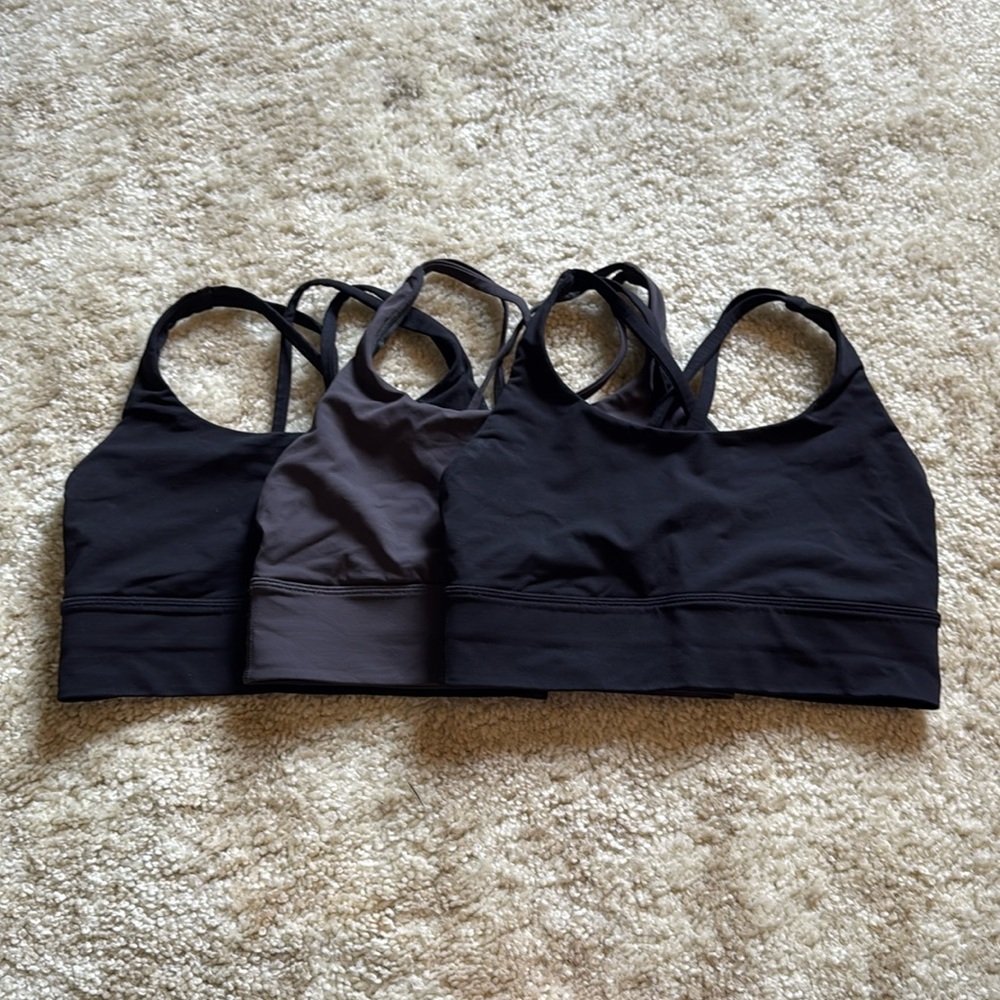 Lululemon energy longline bra bundle of three; 2 black one grey, all size 6